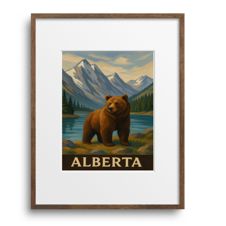 Framed poster of a bear in a mountainous landscape with 'Alberta' text.