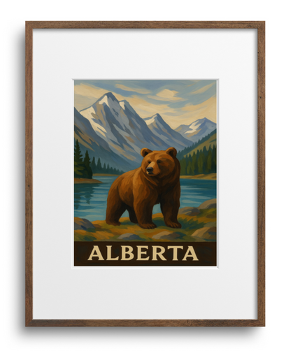 Framed poster of a bear in a mountainous landscape with 'Alberta' text.