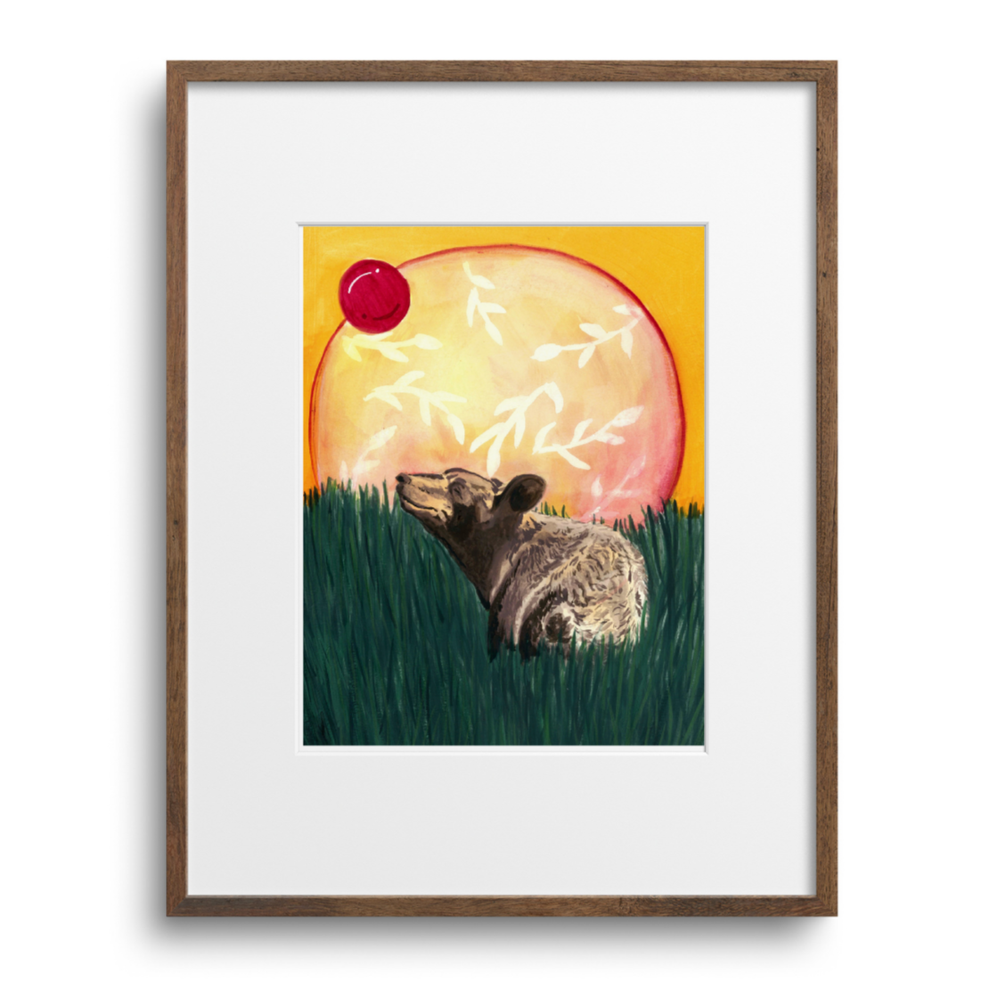 Framed artwork of a raccoon looking at a sun-like object with a red dot on a white background