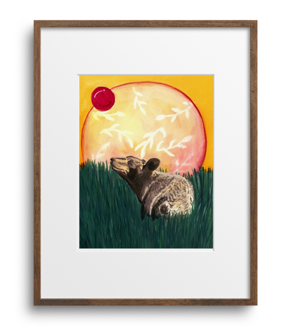 Framed artwork of a raccoon looking at a sun-like object with a red dot on a white background