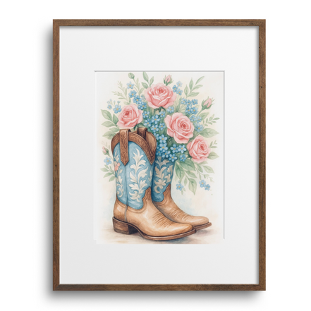 Framed artwork of cowboy boots with flowers on a white background