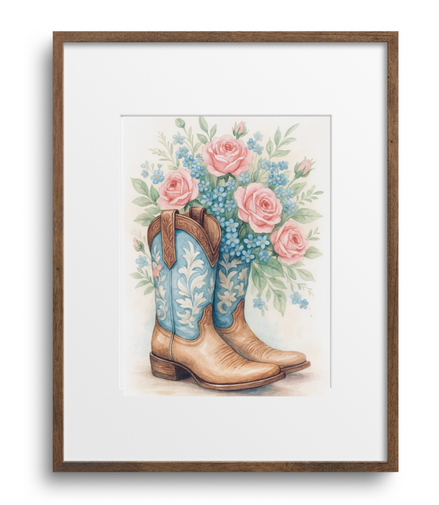 Framed artwork of cowboy boots with flowers on a white background