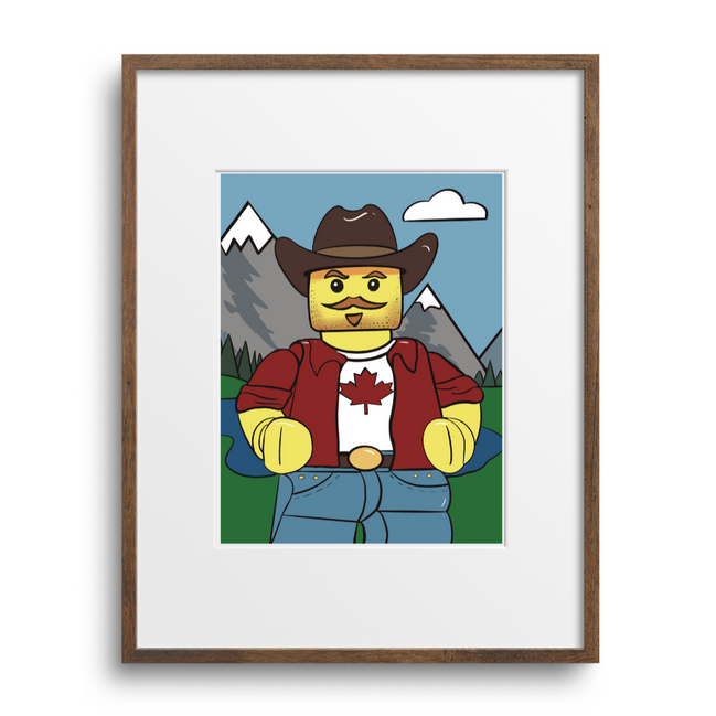 Framed artwork of a LEGO figure with a Canadian flag shirt against a mountainous background.