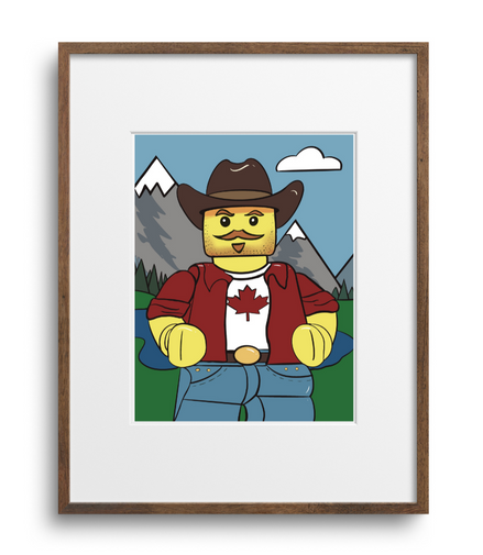 Framed artwork of a LEGO figure with a Canadian flag shirt against a mountainous background.