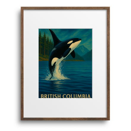 Framed artwork of an orca jumping out of water with 'British Columbia' text, on a white background