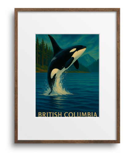 Framed artwork of an orca jumping out of water with 'British Columbia' text, on a white background