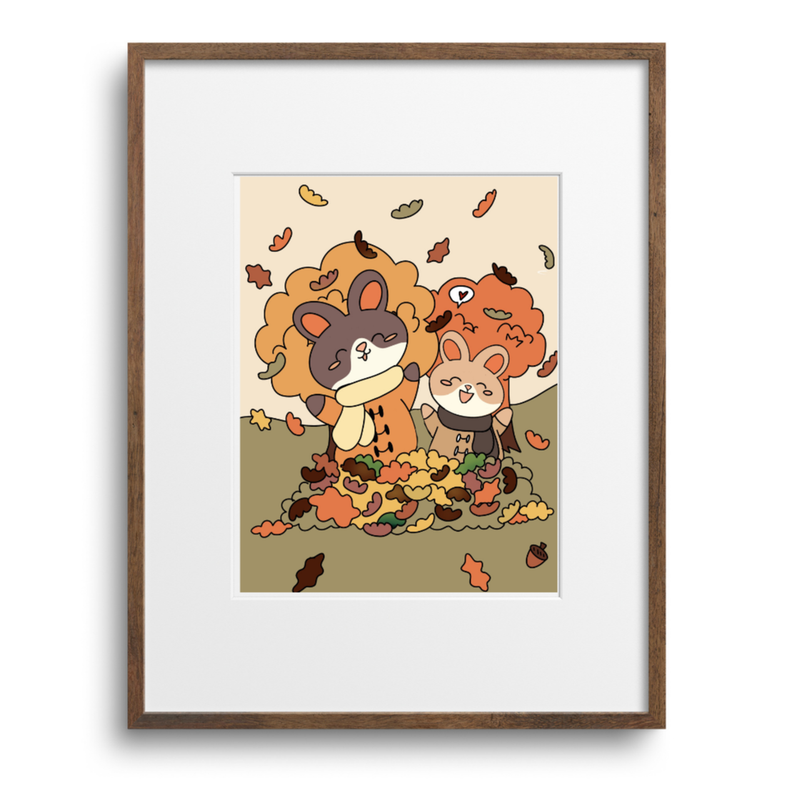 Framed artwork of two cartoon bunnies with autumn leaves on a beige background