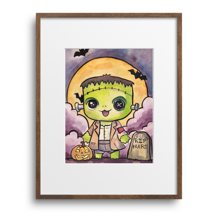 Framed artwork of a cartoonish Frankenstein character with a pumpkin and bats on a purple background.