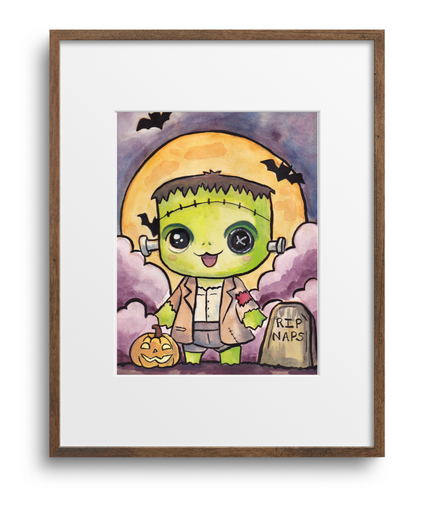 Framed artwork of a cartoonish Frankenstein character with a pumpkin and bats on a purple background.