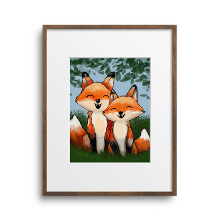 Framed artwork of two foxes in a natural setting