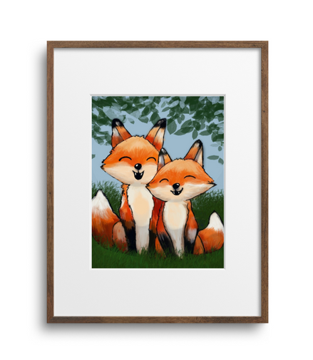 Framed artwork of two foxes in a natural setting