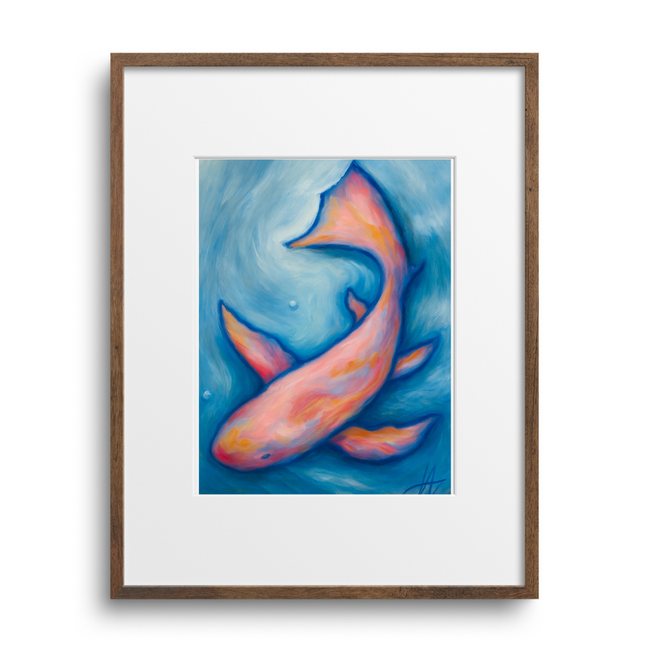 Framed artwork of two stylized fish on a blue background