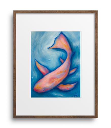 Framed artwork of two stylized fish on a blue background