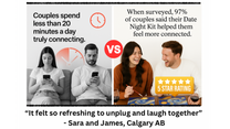 Advertisement for a Date Night Kit with text and images of couples using their phones and painting together.