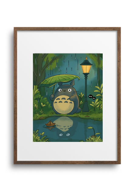 Framed artwork of a cartoon character by a pond with a lamp post in the background.
