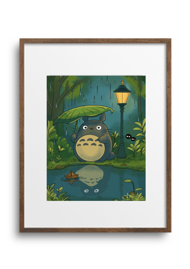 Framed artwork of a cartoon character by a pond with a lamp post in the background.