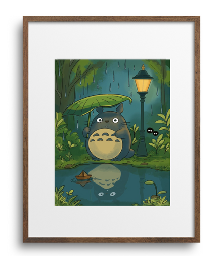 Framed artwork of a cartoon character by a pond with a lamp post in the background.