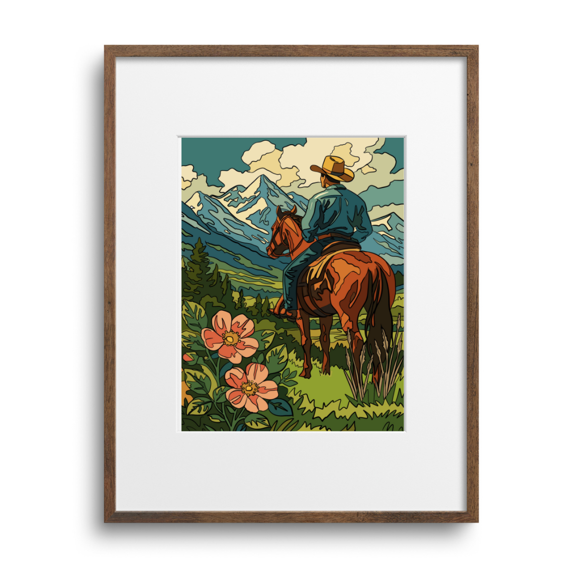 Framed artwork of a man on a horse in a scenic landscape with flowers and mountains.