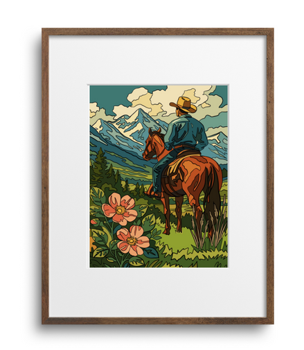 Framed artwork of a man on a horse in a scenic landscape with flowers and mountains.
