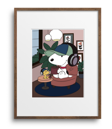 Framed artwork of a cartoon character sitting in a room with headphones on