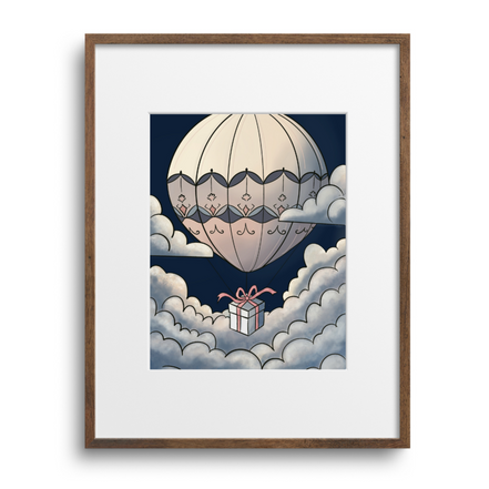 Framed artwork of a hot air balloon with a gift in the clouds on a white background