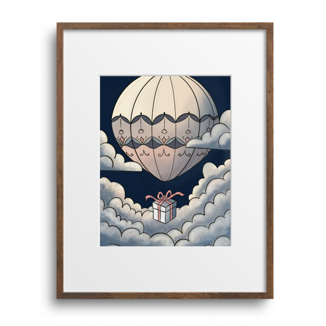 Framed artwork of a hot air balloon with a gift in the clouds on a white background