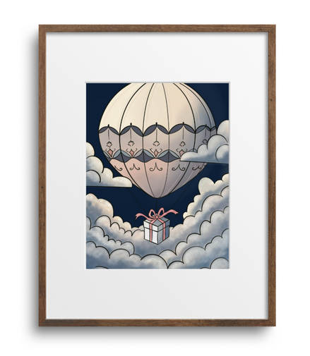 Framed artwork of a hot air balloon with a gift in the clouds on a white background