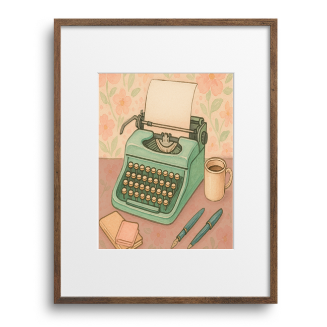 Framed artwork of a typewriter with a piece of paper on a white background