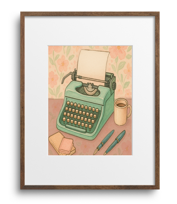 Framed artwork of a typewriter with a piece of paper on a white background