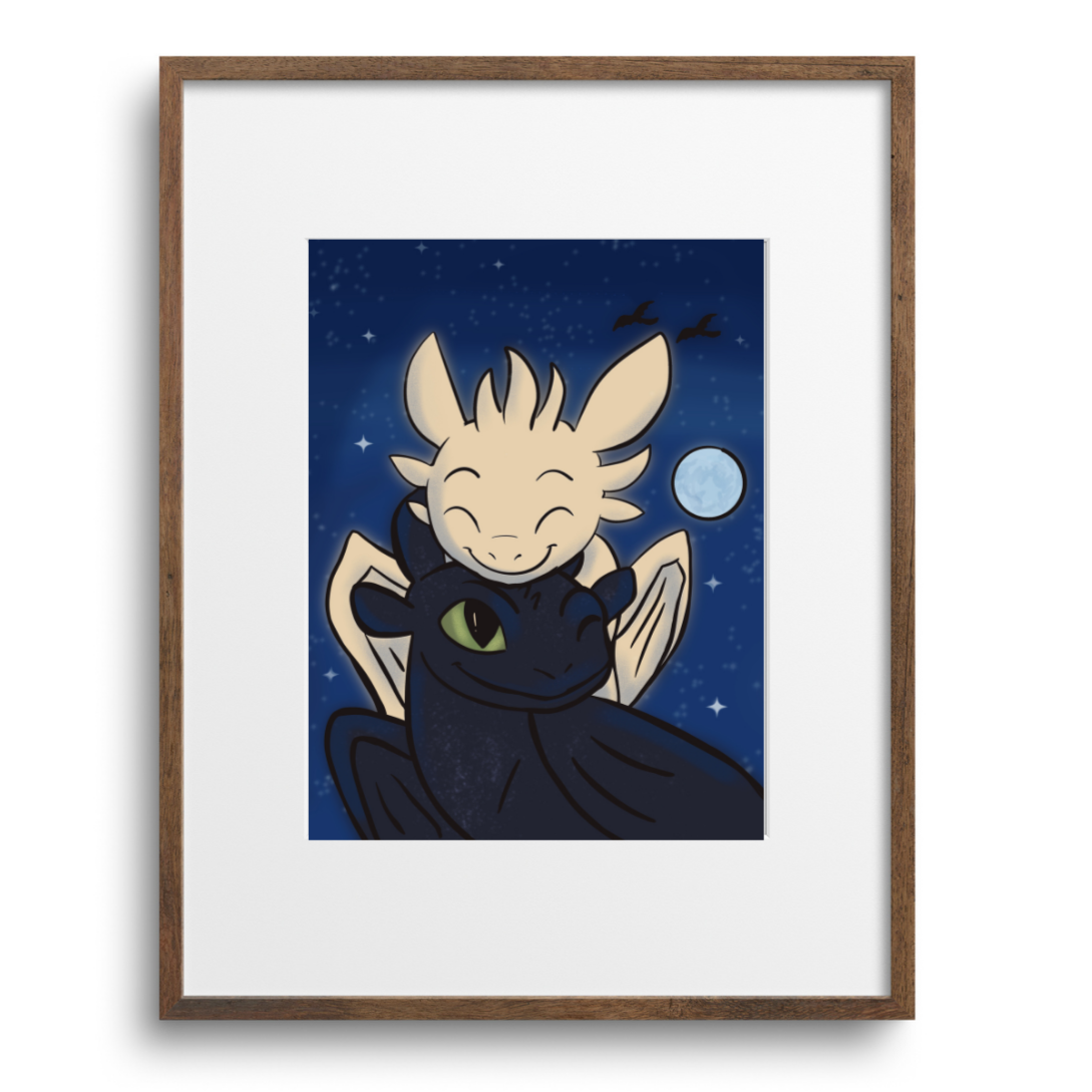Framed artwork of 2 dragon cartoon characters with a blue background