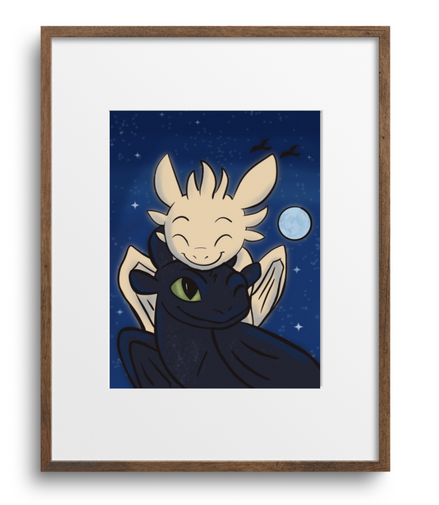 Framed artwork of 2 dragon cartoon characters with a blue background