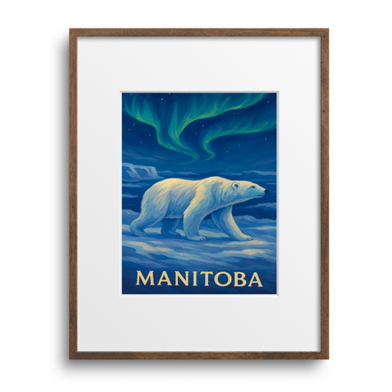 Framed artwork of a polar bear with 'Manitoba' text against a blue background