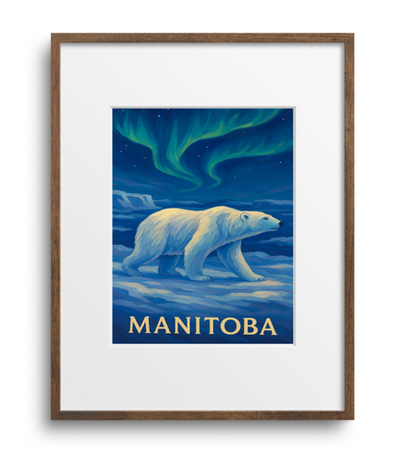 Framed artwork of a polar bear with 'Manitoba' text against a blue background