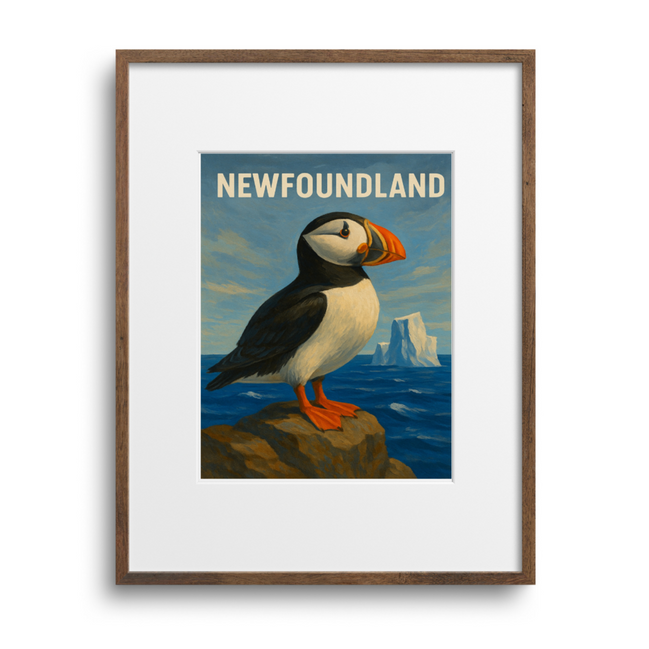 Framed artwork of a puffin on a rock with 'Newfoundland' text, against a blue sky.