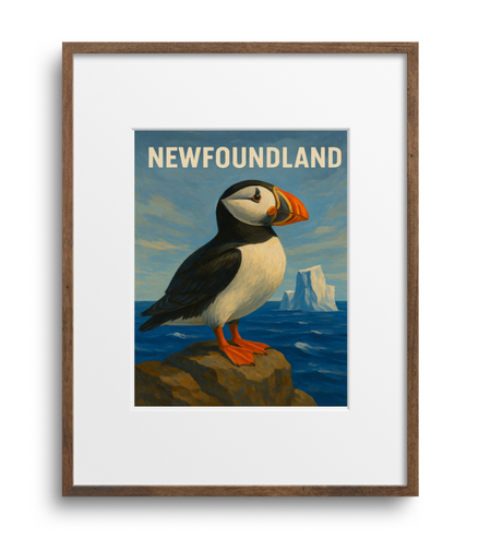 Framed artwork of a puffin on a rock with 'Newfoundland' text, against a blue sky.