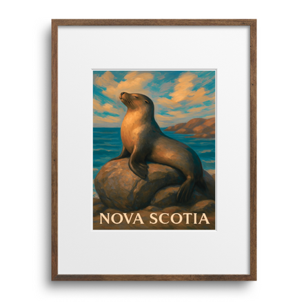 Framed artwork of a seal on a rock with 'Nova Scotia' text against a blue sky.