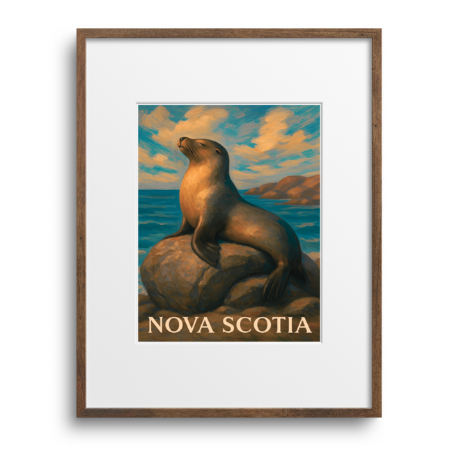 Framed artwork of a seal on a rock with 'Nova Scotia' text against a blue sky.