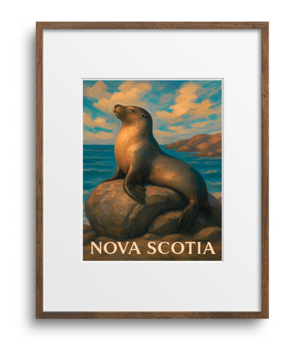 Framed artwork of a seal on a rock with 'Nova Scotia' text against a blue sky.