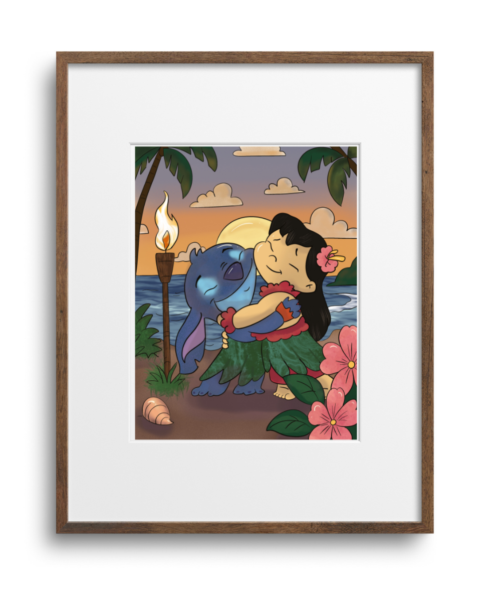 Framed artwork of a character hugging a cartoon character with a tropical background.