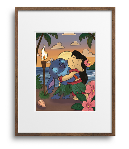 Framed artwork of a character hugging a cartoon character with a tropical background.
