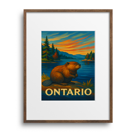 Framed artwork of a beaver by a lake with mountains and 'Ontario' text, on a white background.