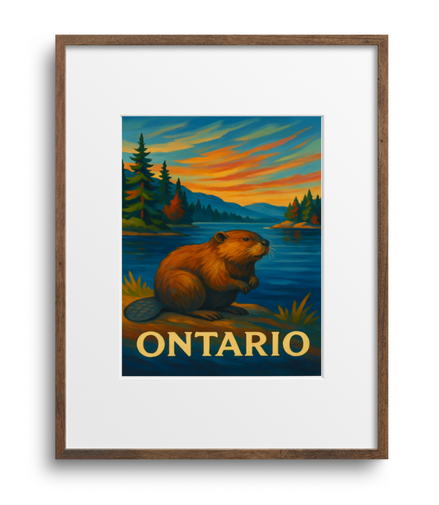 Framed artwork of a beaver by a lake with mountains and 'Ontario' text, on a white background.