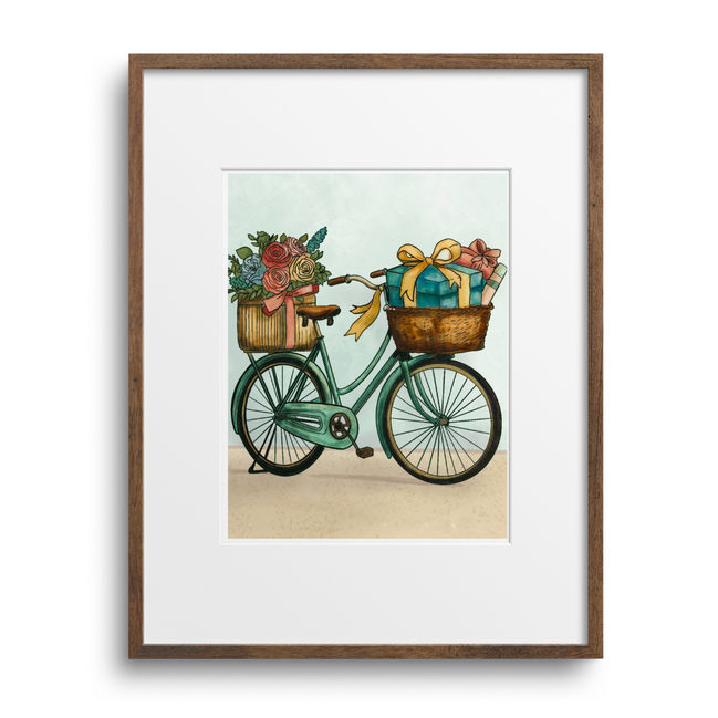 Framed artwork of a teal bicycle with flower baskets on a white background