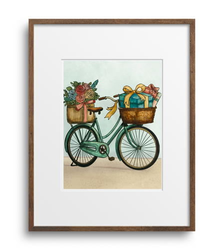 Framed artwork of a teal bicycle with flower baskets on a white background