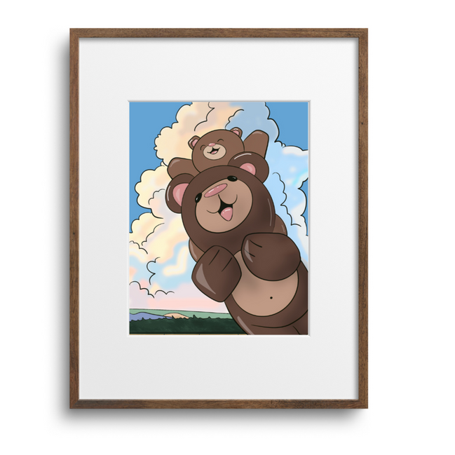 Framed artwork of a cartoon bear with a blue sky and clouds in the background.
