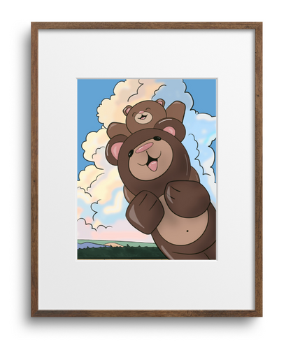 Framed artwork of a cartoon bear with a blue sky and clouds in the background.