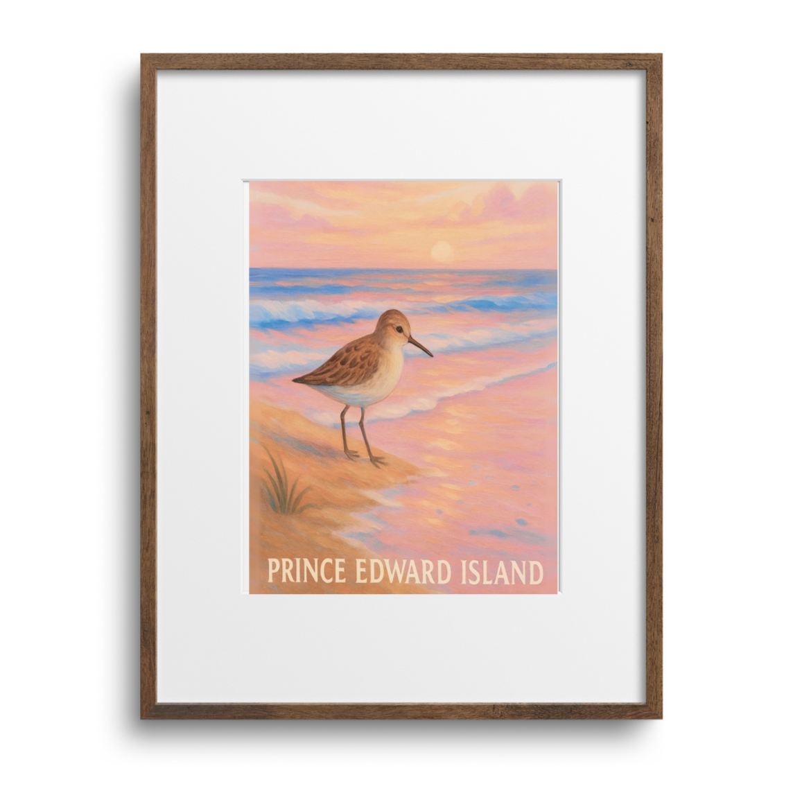 Framed artwork of a sandpiper on a beach with 'Prince Edward Island' text at sunset.
