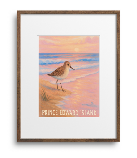 Framed artwork of a sandpiper on a beach with 'Prince Edward Island' text at sunset.