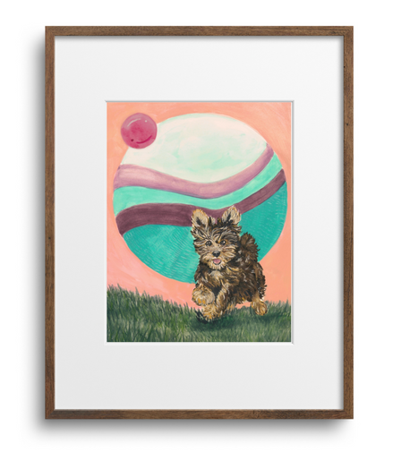 Framed artwork of a cat with a colorful balloon in the background on a white wall.