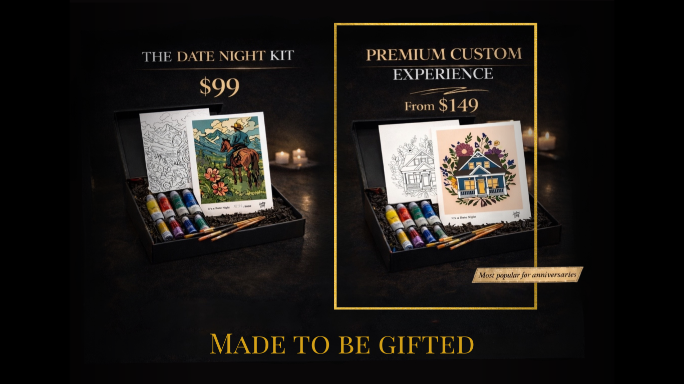Two art kits with paint supplies on a dark background, labeled 'The Date Night Kit' and 'Premium Custom Experience'.